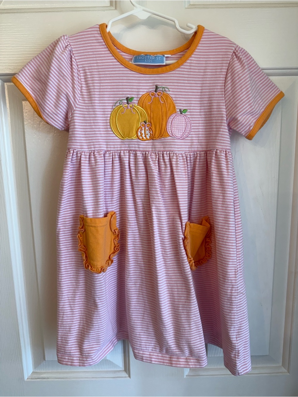 Striped Pink Pumpkin Pocket Dress with Orange Trim